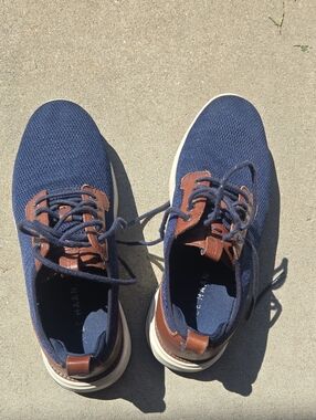 Cole Haan Navy Knit Lace-Up Sneakers with Brown Leather Accents
